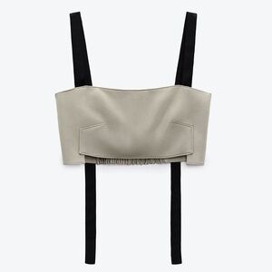 Zara Khaki Satin Ruched Black Strap Crop Top